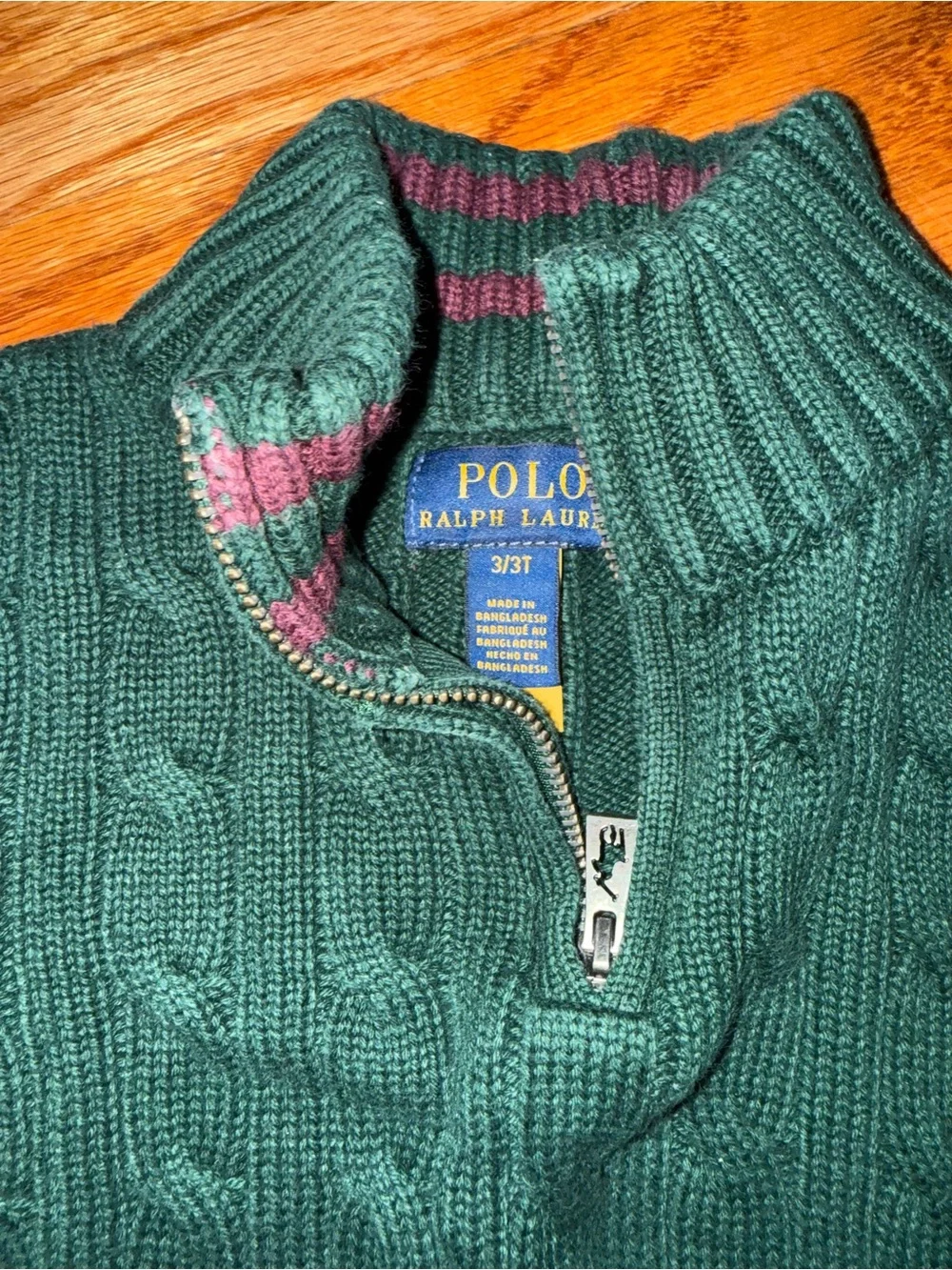 Polo Ralph Lauren Boys Cable Knit Quarter Zip Sweater GREEN 3T Excellent